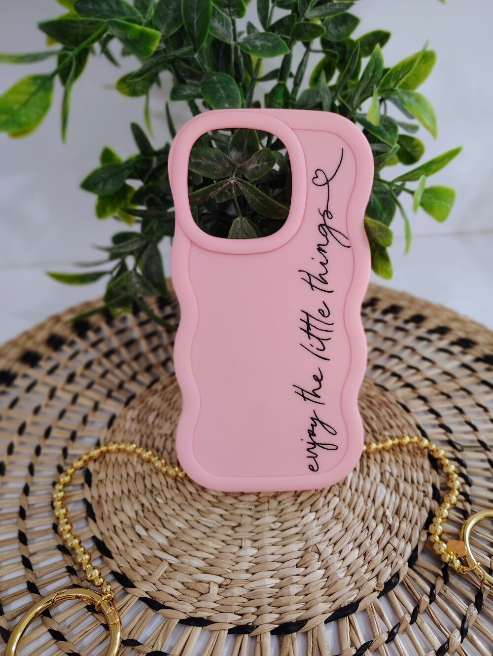 Pink Wavy Silicone Iphone 15 Pro Case with Script "Enjoy The Little Things"